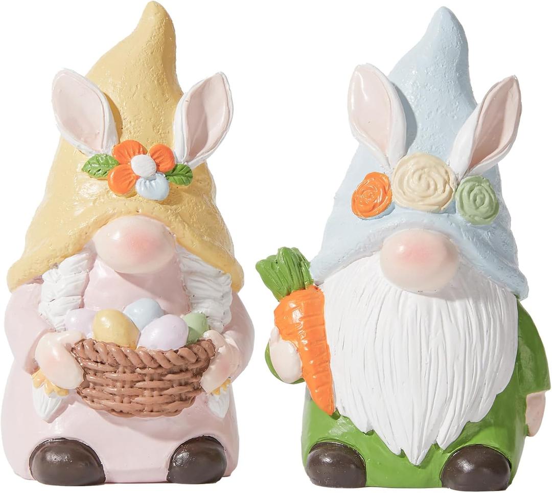 DN DECONATION Easter Decorations Gnomes Bunny Figurines Set, 2-Pcs Resin Rabbit-Eared Gnome Decor with Easter Egg Basket & Carrot, Cute Spring Decor Tabletop Decor for Mantel Shelf Home Easter Party (Pink and Green)