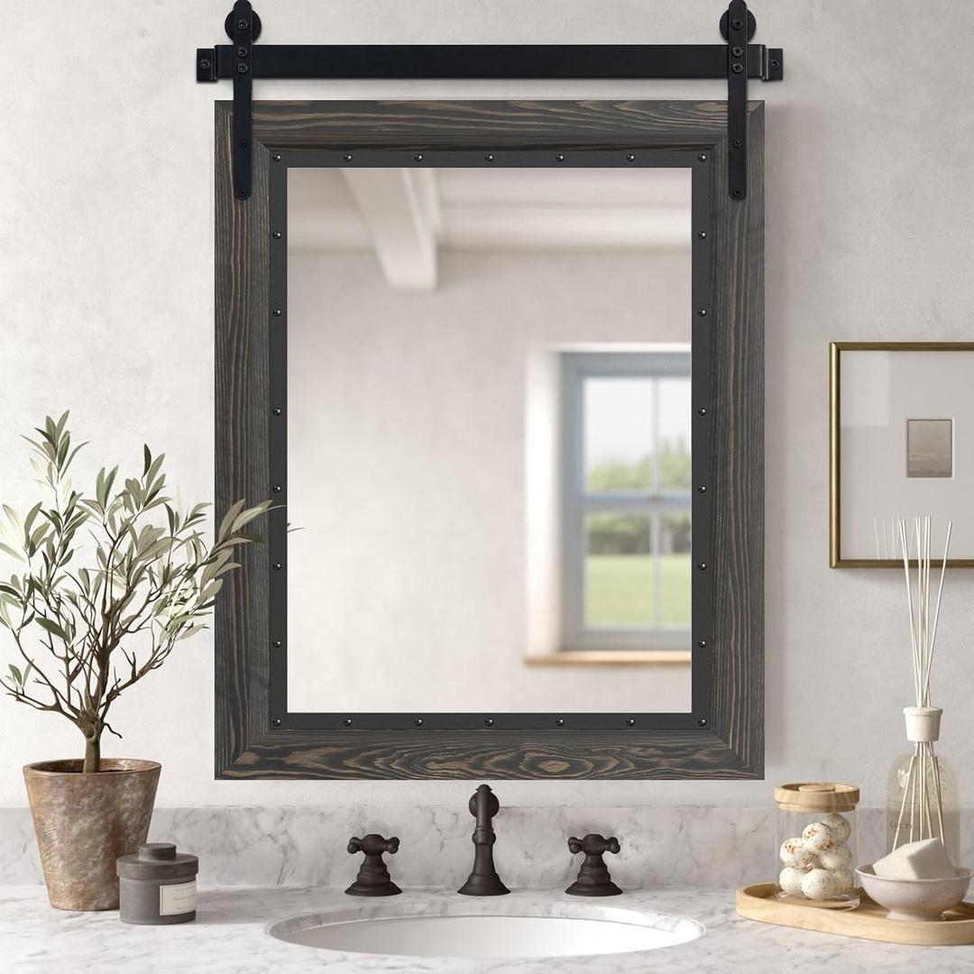 YOSHOOT Farmhouse Barn Door Mirror, 32"x24" Rustic Bathroom Mirror, Wood Frame Wall Mirror, Wooden Mirror for Living Room Bedroom Entryway Wall Dcor, Vertical Hanging ONLY