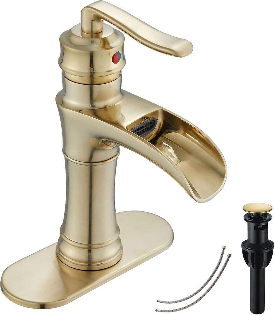 Waterfall Bathroom Faucet Brushed Gold GGStudy Single Handle One Hole Farmhouse Bathroom Vanity Faucet Basin Mixter Tap Deck Mount with Drain Assembly (Short)