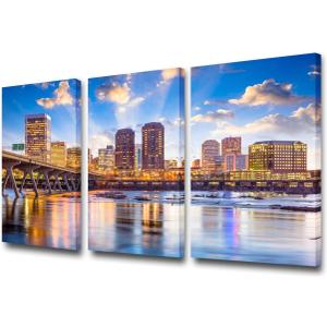 TUMOVO 3 Piece Canvas Wall Art for Living Room - Richmond, Virginia, USA Downtown Skyline on The James River - Modern Home Decor Stretched and Framed Ready to Hang - 24'' x 12'' x 3 Panels
