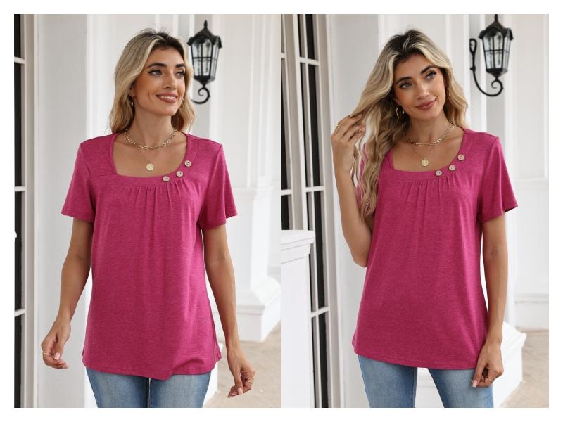 Womens Summer Tops Short Sleeve Asymmetrical Neck T Shirts with Buttons, Size Small