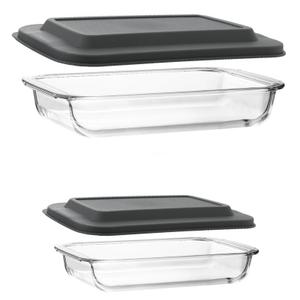 4Piece Deep Glass Baking Dish Set with Plastic lids, Rectangular Glass Bakeware Set with Lids, Baking Pans for Lasagna, Leftovers, Cooking, Kitchen, Freezer to Oven and Dishwasher, Gray