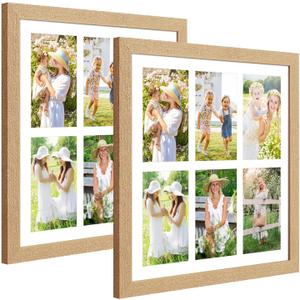 13x13 Collage Frame with 6 Openings 4X6 Pictures, Multiple Picture Frame with Mat, Wall or Tabletop Decor, Natural Wood Grain,2 Pack