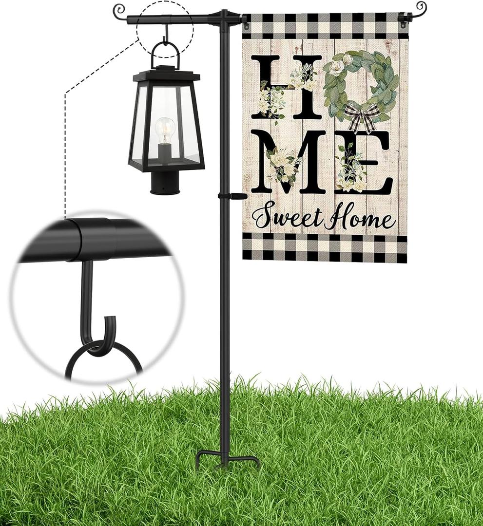 Garden Flag Stand Holder with Shepherd Hooks for 12 x 18 Flag, 51 Inch Height with 3/4 Inch Extra Thick Heavy Duty Garden Flag Pole with 4 Prong Base for Outside Home Yard Patio Decor