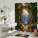 Nkzply 4 Pcs Green Forest Shower Curtain Set Enchanted Forest Bathroom Sets with Shower Curtain and Rugs Magical Nature Landscape Bathroom Decor Accessories with Bathroom Rugs Toilet Lid Cover Hooks
