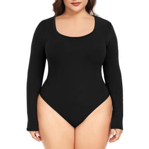 FOREYOND Plus Size Bodysuits for Women Long Sleeve Scoop Neck Body Suit Tops Casual Slim Fit Basic Leotards Shirts (XX-Large)