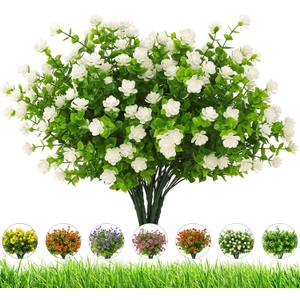 Artificial Flowers Outdoor,UV Resistant Fake Flowers 20 Bundles Faux Outdoor Plants Plastic Flowers Greenery Bushes for Indoor Outside Home Porch Decoration (White)