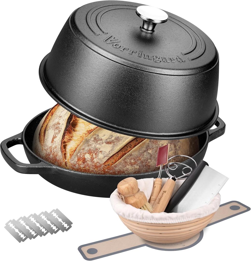 VORRINGARD Cast Iron Dutch Oven Pot with Lid for Bread Baking - include Sourdough Bread Baking Supplies like Banneton Bread Proofing Basket, Bread Oven 6 QT, Pre-seasoned