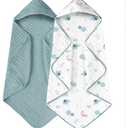 Yoofoss Hooded Baby Towels for Newborn 2 Pack 100% Muslin Organic Cotton Baby Bath Towel with Hood for Babies, Infant, Toddler and Kids, 32x32Inch, Soft and Absorbent Newborn Essential,Blue Elephant