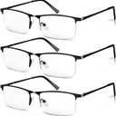 3 Pack Blue Light Blocking Reading Glasses for Men, Stylish Half Frame Metal Computer Readers, Lightweight Spring Hinge Eyeglasses Anti Eyestrain/Glare/UV (Black, 2.5)