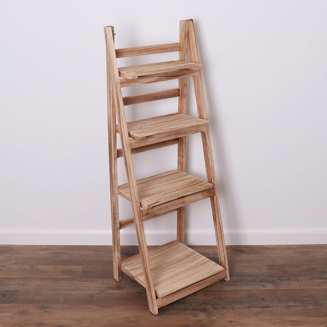 Distressed Ladder Shelf - Rustic Leaning Shelf for Home Decor (Driftwood, 4 Shelves)