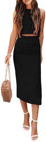 PRETTYGARDEN Women's 2 Piece Summer Outfits Crewneck Tank Tops Split Bodycon Midi Skirt Set, S