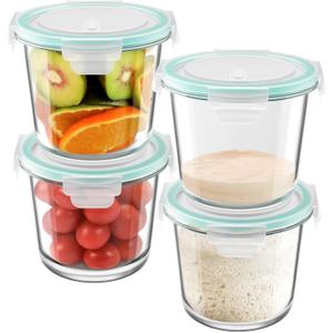 3 Cup Glass Meal Prep Containers With Turquoise Lids, Airtight 23oz glass Storage Container Set, Heat-Resistant BPA-Free for feeding the Southern Starter, Microwave, Dishwasher, Freezer Safe (4 Packs)
