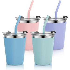 Kids Cups with Straws and Lids Leak Proof, 10oz Sippy Cups for Toddlers 1-3, Spill Proof Cups Stainless Steel Kids Cups with Lids for School, Outdoor, 4 Pack (Blue,Green,Purple,Pink)