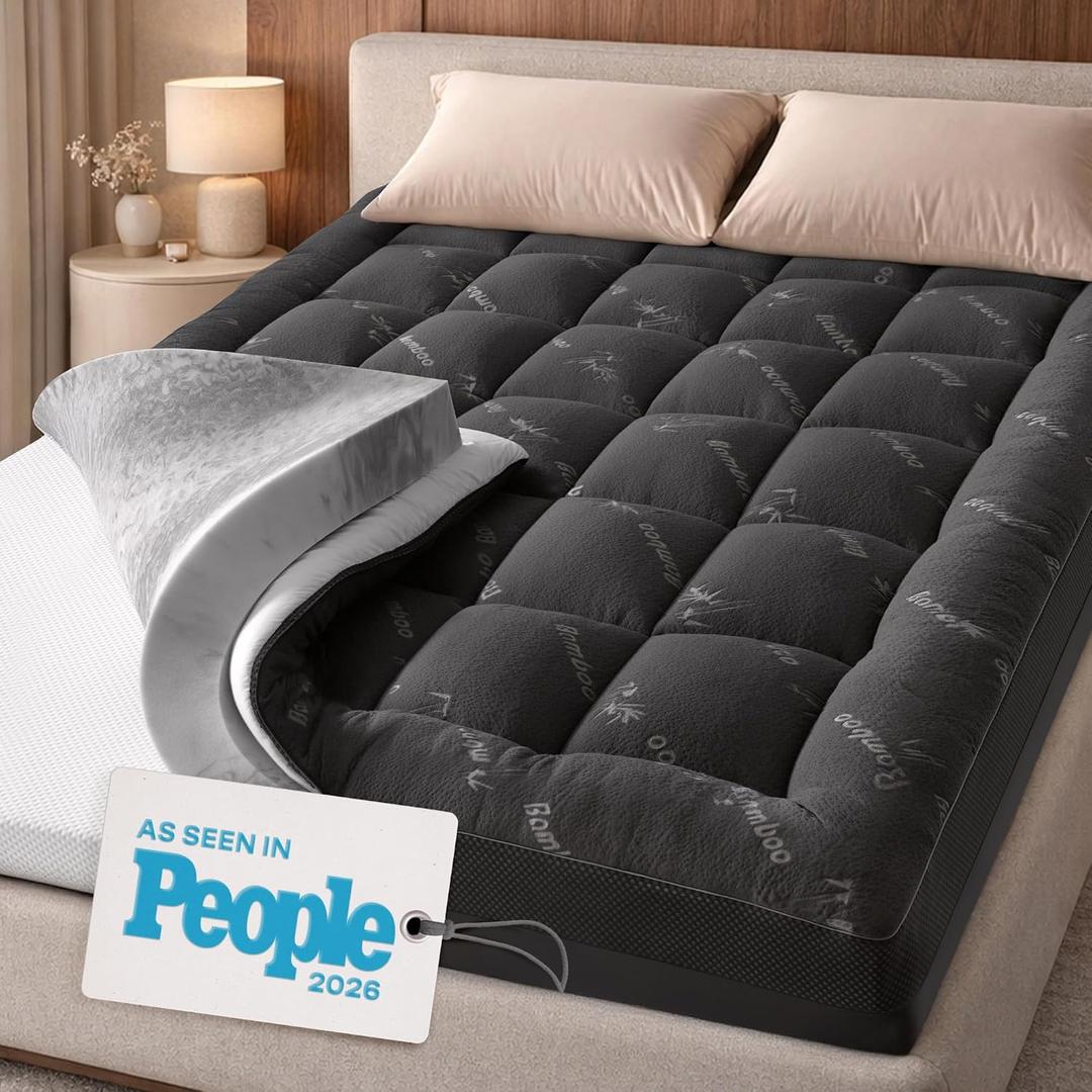 Dual-Layer 4" Mattress Topper with 20" Deep Pocket - King Size | 2 Memory Foam + 2 Viscose Made from Bamboo Pad, Double Comfort & Back Support, Removable Machine-Washable Cover, Dark Gray