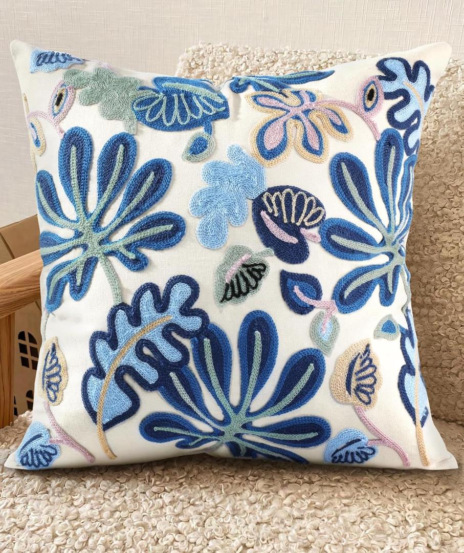 Embroidered Throw Pillow Cover - 18x18 Decorative Pillow Cover with Zipper Aesthetic Cute Design Boho Spring Summer Throw Pillowcase for Living Room Couch Sofa Bed, Abstract