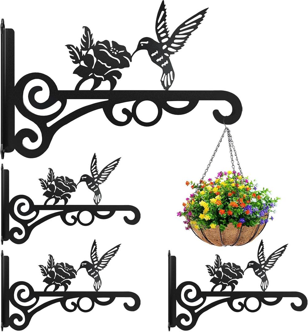 4-Pack 10 Inch Aesthetic Plant Hanger Indoor and Outdoor Metal Hanging Plant Bracket with Hummingbird Pattern Heavy Duty Plant Hooks for Hanging Flower Baskets, Bird Feeder, Wind Chime, Lantern