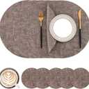 Homaxy Round Faux Leather Placemats and Coasters, Washable Dual-Side Table Mats, Wipeable Heat-Resistant Dining Place Mats for Outdoor and Indoor, Set of 6, Diameter 13 and 3.93 inch, Dark Brown