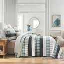 Homzard 100% Cotton Quilts Queen SizeTeal Black Beige Queen Quilt Bedding Set,Farmhouse Plaid Striped Bedspread Set,Lightweight Breathable Comforter Reversible Coverlet All Season 3 Pieces | Oeko-Tex Certified
