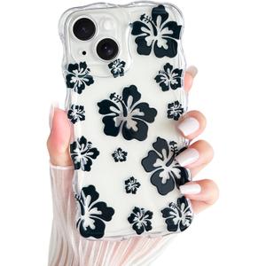 Yeddabox for iPhone 14 Plus Case Hibiscus Flower Floral Wavy Clear Phone Case Soft TPU Slim Shockproof Phone Cover for Women Girls, Black