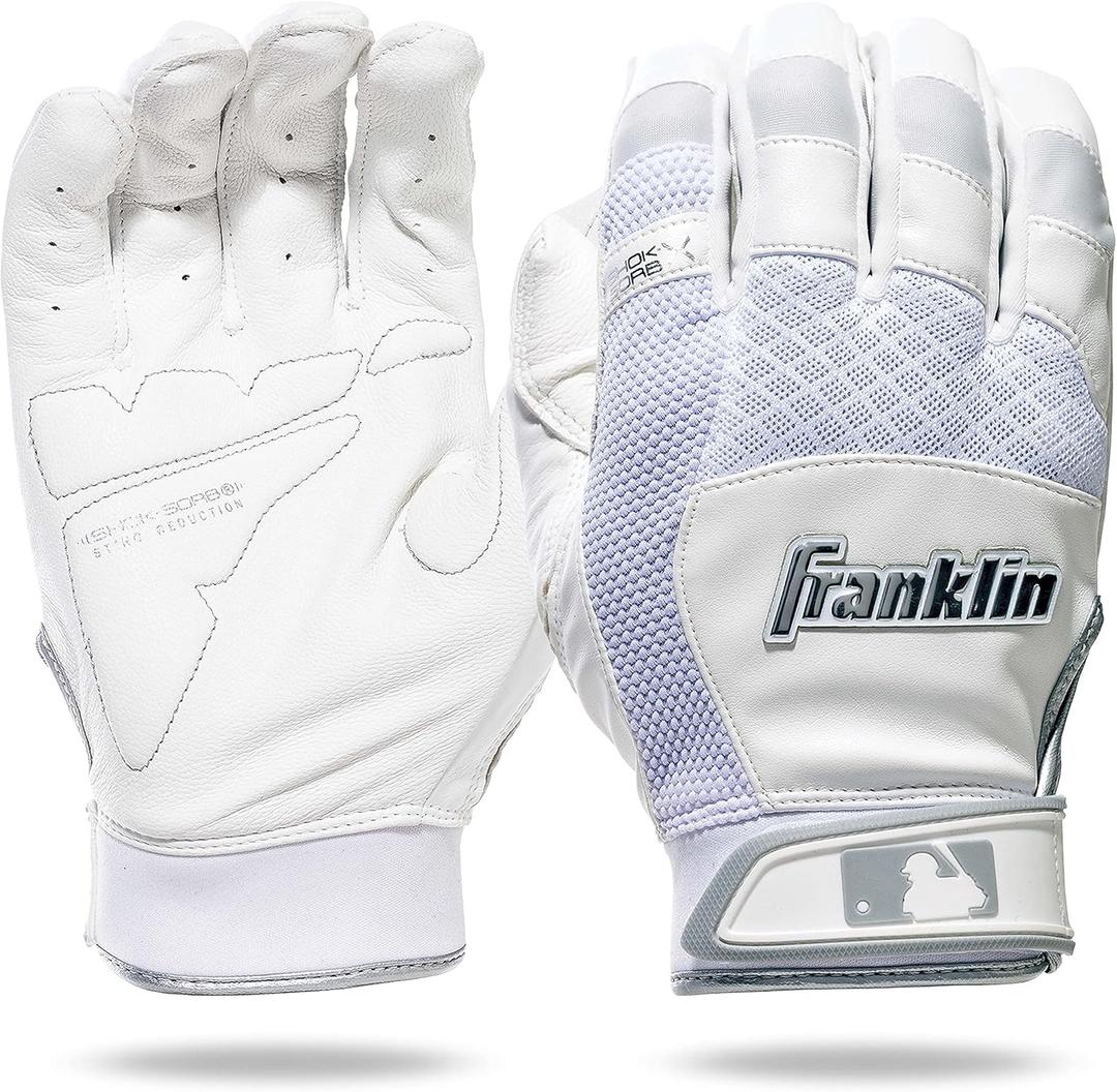 Franklin Sports Youth MLB Shok-Sorb X Batting Gloves, Youth Large, Pair, White/ Chrome