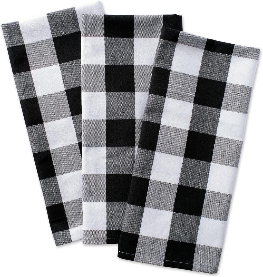DII Buffalo Check Kitchen Collection, Classic Farmhouse Dishtowel Set, 20x30, Black & White, 3 Piece