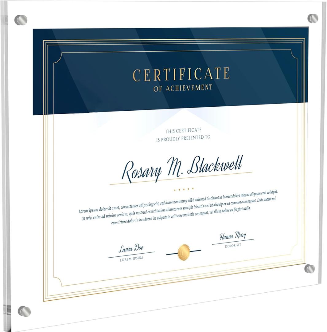 8.5x11 Acrylic Picture Frame for Wall, Clear Diploma Frame, No Drill Floating Frameless Photo Frame for Diploma Certificate Degree Document & Artworks Display, Graduation Gift for Students(1Pack, Straight edge)