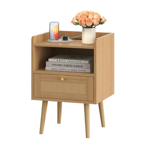 Rattan Nightstand with Charging Station, Mid Century Modern Bed Side Table, Boho End Table with Wood Legs, Bedside Tables for Farmhouse Bedroom Living Room Dorm Sofa Couch Office Corner (1, Natural)