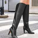 Coutgo Womens Thigh High Boots Pointed Toe Chunky Heel Wide Calf Over the Knee Boots Winter Shoes (Black)