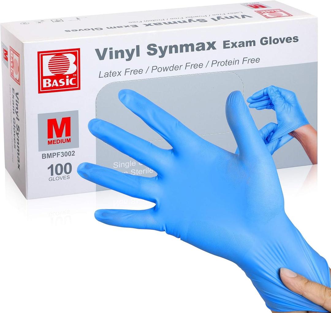 Synthetic Vinyl Exam Gloves - Latex-Free & Powder-Free - Medium, BMPF-3002(Box of 100) Blue