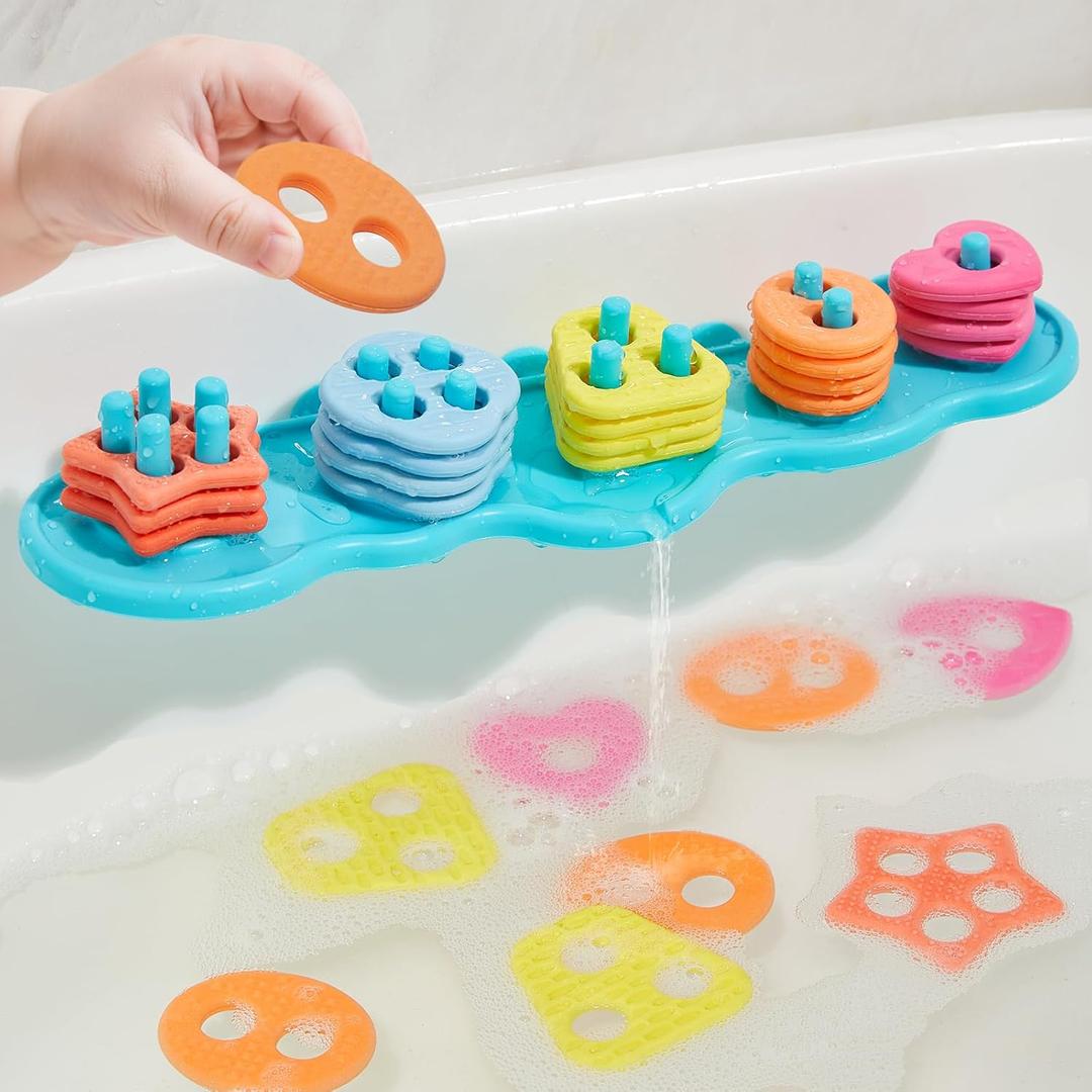 Toddler Bath Toys for Kids Ages 1-3, 21PCS | Mold Free Bath Toys Silicone Color and Shape Sorting & Stacking Toys | Soft Textured Floating Pieces and Storage Bag | Early Learning Tub Toys for Toddlers