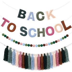HunnmingRe 3 Pcs Rainbow Pom Pom Garland Back to School Decor, Felt Yarn Hanging Set with Tassel String, Felt Pom-pom String and Back to School Banner for Classroom Party Decoration(Rainbow), 94cm, 2m, 3m