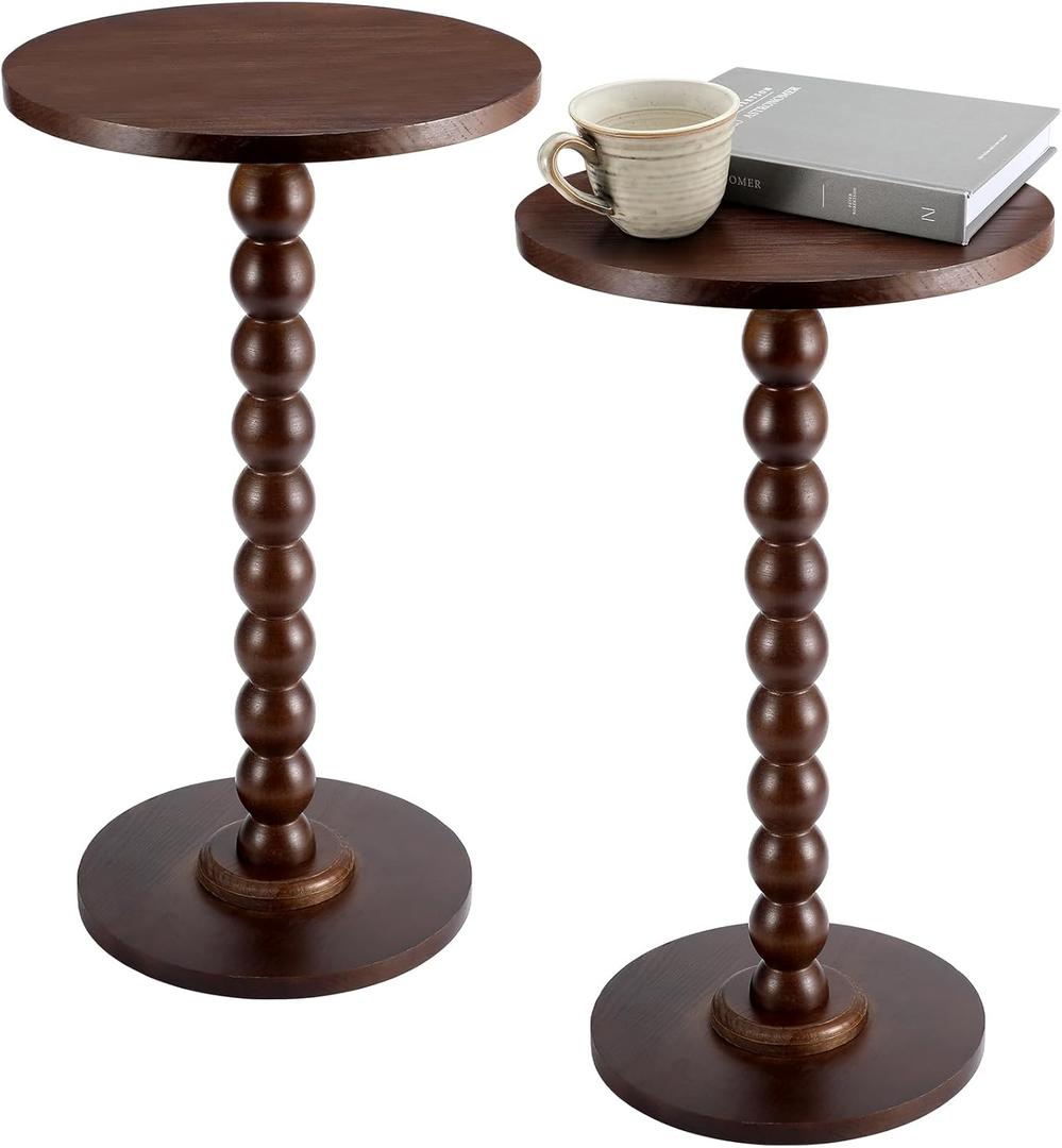 DoubleFill 2 Set Round Pedestal Side Table Brown Wooden Small Drink Coffee Table Traditional Tray Top End Modern Accent Nightstand with Solid for Small Space Home Office Bedroom Living Room Corner