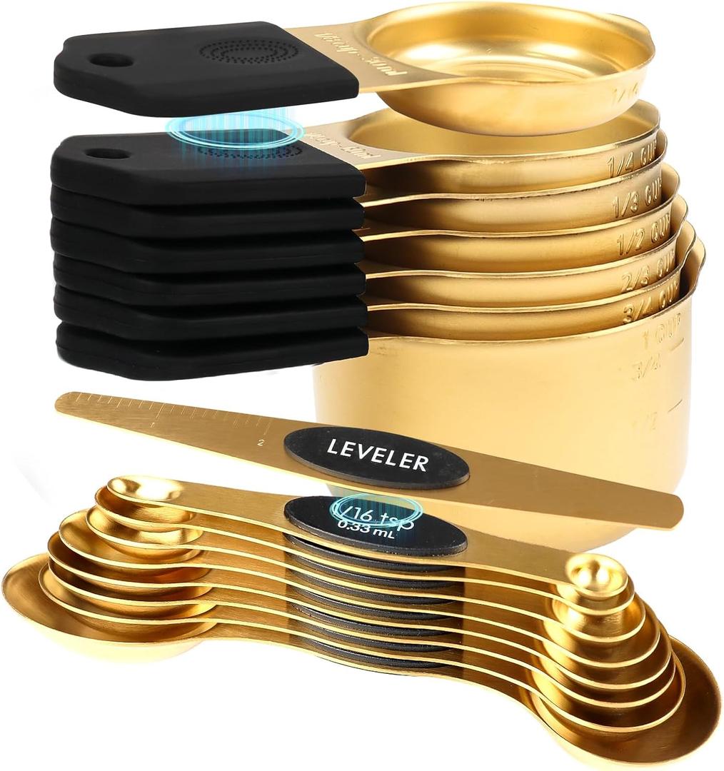 16-Piece Stainless Steel Measuring Cups and Spoons Set, Strong Magnetic Nesting Design 7 Cups 8 Spoons with Leveler, Double Measurement Markings for Dry & Liquid Ingredients, Gold