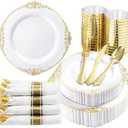 Nervure 350PCS Gold Plastic Plates - Gold Plastic Dinnerware Sets for 40 Guests - 100 Disposable Plates, 140Silverware, 40 Cups, 50 Napkins for Wedding & Party
