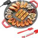 Electric Indoor Grill Nonstick Smokeless, 14 Inch Round Griddle with Temperature Control, Includes Oil Brush & Food Tongs for Kitchen, BBQ, Pan Searing Steak, Pancakes