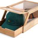 Wood Hat Organizer for Baseball Caps, Stackable Storage Box with Clear Lid, Pull-Out Drawer, Fits 12 Hats