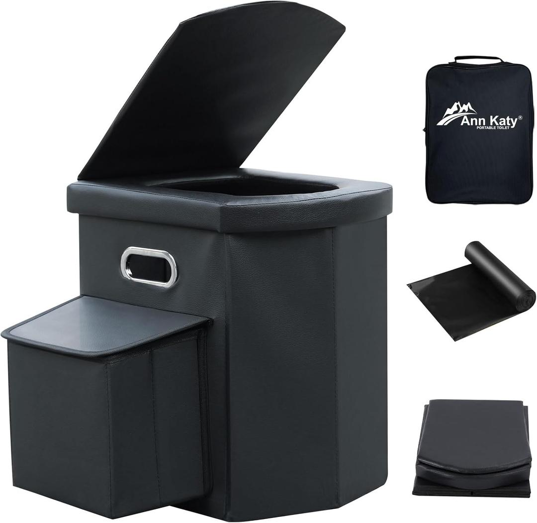 Ann Katy Upgrade XL Portable Toilet for Adults, Extra Large Portable Travel Floding Toilet, Camping Tall Toilets with Lid for Adults and Kids Compact Potty for Car,Hiking,Beach and Camping (Black pocket)