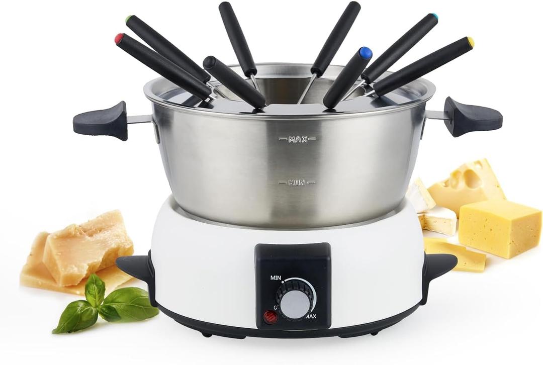 Electric Fondue Pot Set for Cheese & Chocolate - 6-Cup Stainless Steel Fondue Pot with 8 Coded Forks - 3 Mode Fondue Set Adjustable Temperature Control for Cheese, Oil and Hotpot, FD-10 (Silver)