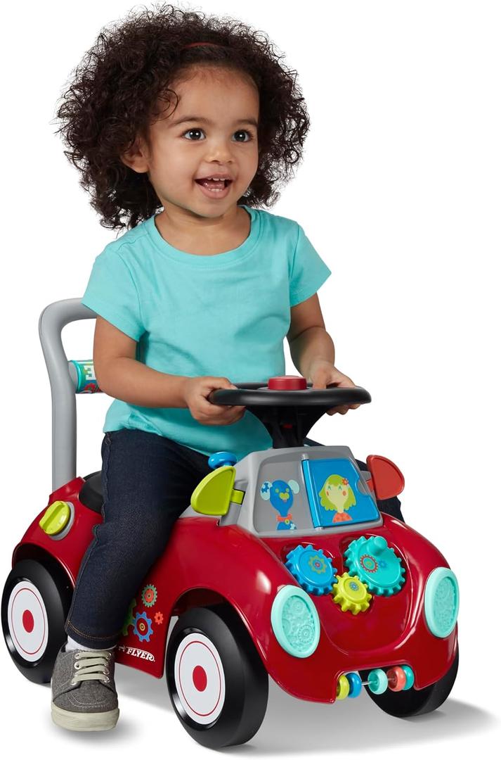 Radio Flyer Busy Buggy, for Toddlers 1-3, 3-in-1 Push Walker Ride On Car with 17 Sensory Activities, Anti-Tip Feature, Under-Seat Storage, Horn and Gears, 42 lb Capacity, Toddler Ride On Toys, Large