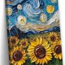 2D No Texture Sunflower Canvas Wall Art, Starry Night Sunflower Painting, Blue Starry Wall Decor, Yellow Flower Picture for Wall Living Room Bathroom Bedroom Home Decoration 12*18 in (Stretched Canvas on A Wooden Frame)
