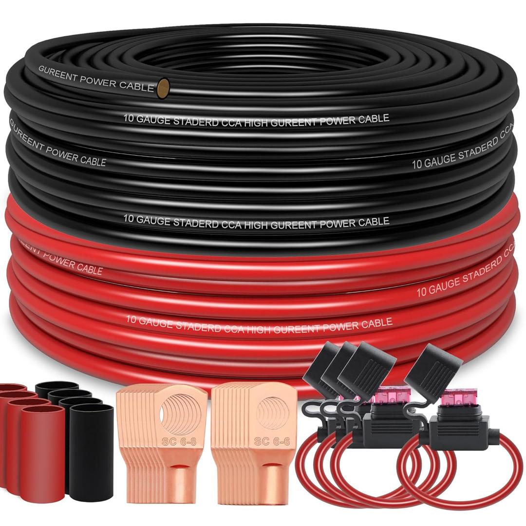 100FT 10 Gauge Wire (50ft Each- Black/Red) 4 40A Fuse Holder/20 Lugs/ 3:1 Heat Shrink Tube-Copper Clad Aluminum CAA-Primary Automotive Wire,Car Amplifier Power & Ground Cable
