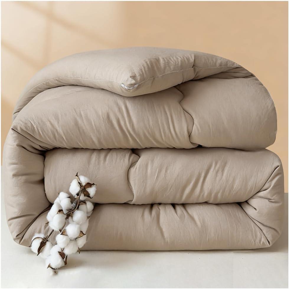 ZTGL Double Sided Washed Cotton Blanket, Fluffy Cotton Quilt, Breathable Duvet, Warmth Thick Blanket, Soft Winter Comforter Core, Khaki, 150x200cm(2.5kg)