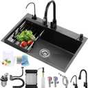 Black Kitchen Sink, Stainless Steel Single Bowl Sink, Embedded/Top Mounted Workbench Sinks With Sliding Accessories, Workbench Sink With Multiple Accessories (31.5 x 17.7in)