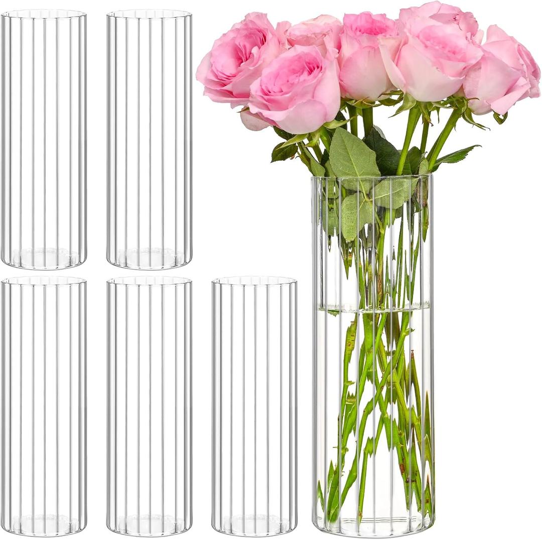 6 Pcs Glass Cylinder Vases, 12 Inch Tall Clear Ribbed Glass Vases for Centerpieces, Flower Vases for Wedding Decoration, Hurricane Floating Candle Holder for Table Shelf Party Home Decor
