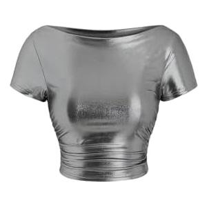 RoseSeek Women's Metallic T-Shirt Short Sleeve Round Neck Tee Ruched Crop Tops Y2k Fitted Shirts (Silver, M)