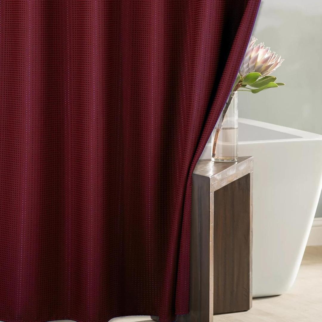 Red Extra Long Shower Curtain: Burgundy 84 Inch Long Waffle Weave Heavy Duty Fabric Shower Curtains for Bathroom - 256 GSM Water Repellent Washable Thick Polyester Cloth Bath Curtain - 72x84
