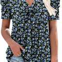 ONLYSHE Women's Summer Floral Shirts Ladies Casual V Neck Tunic Tops Henly Puff Sleeve Blouse for Leggings (XXL)