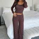 Dressmine Women Casual Pajamas Set 2 Piece PJs Sexy Square Neck Long Sleeve Tops Cute Pants Sets Srping PJ Clothes Coffee-Pink Flower,S (S)