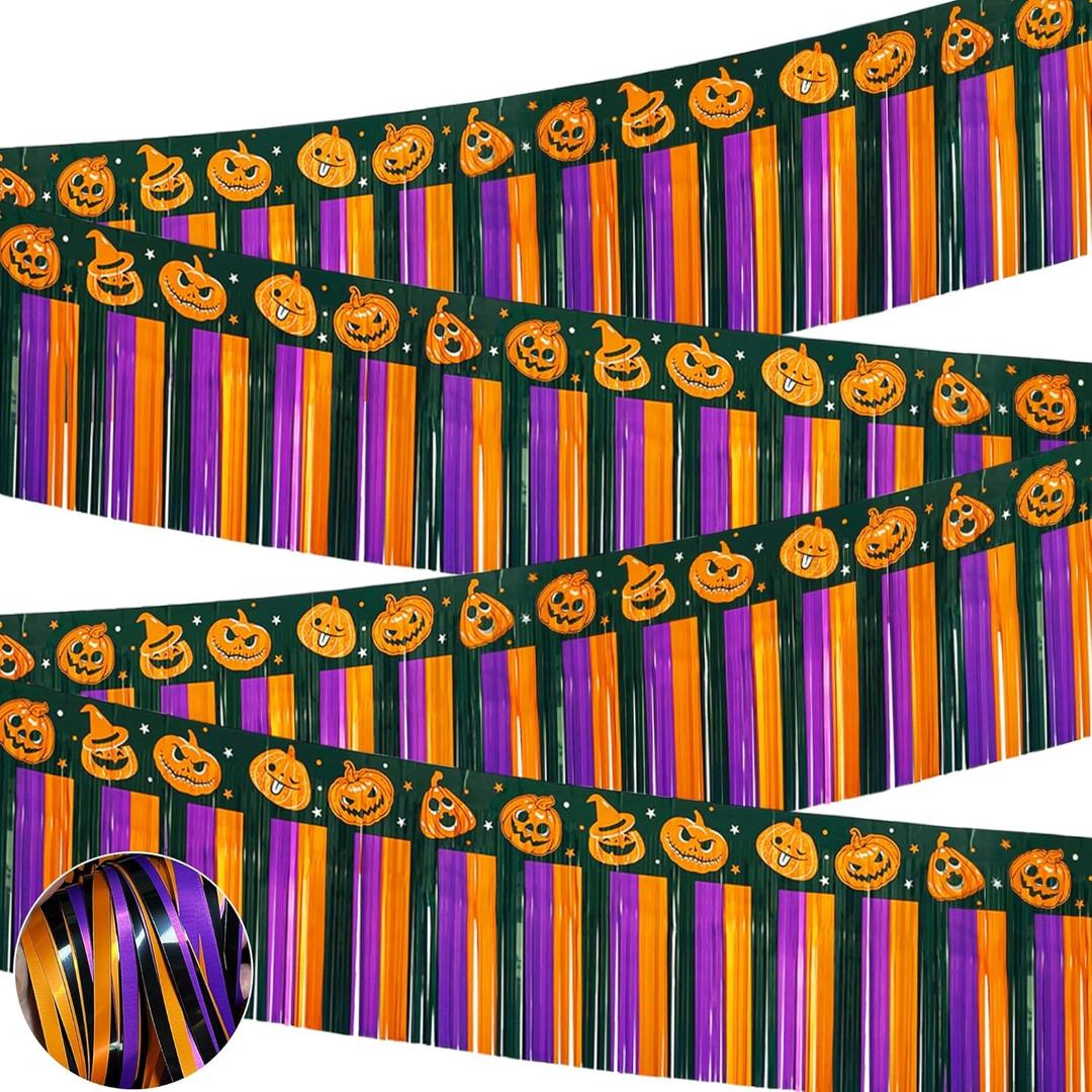 2 x 4 Pack 39Ft Halloween Parade Floats Foil Fringe, Each 10 ft x 15'' Orange Purple Black Pumpkin Tinsel Streamers Garland Banner Table Skirts for Halloween Trailer Car Homecoming Party (4 Pack)